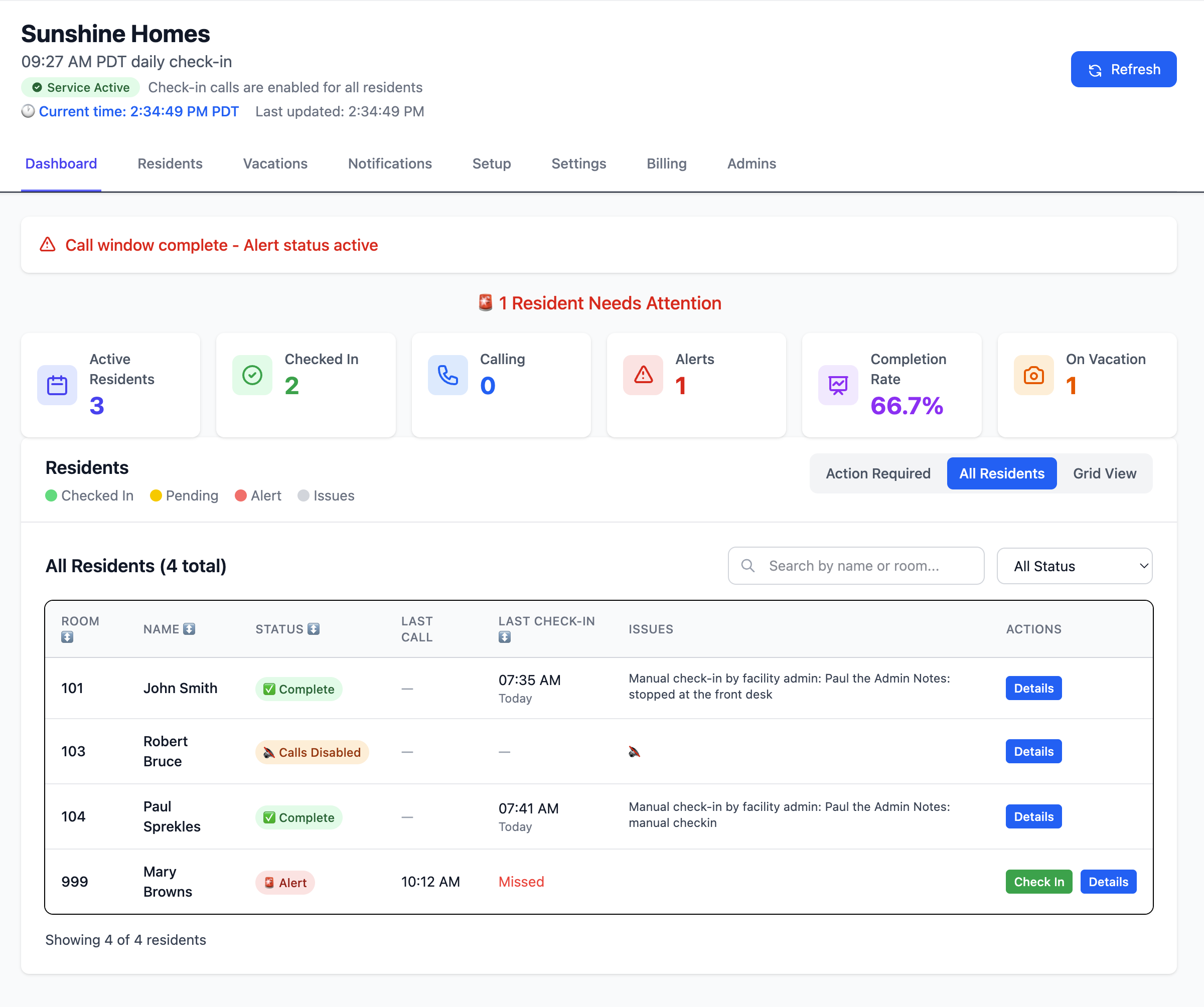 Facility Dashboard showing real-time resident status