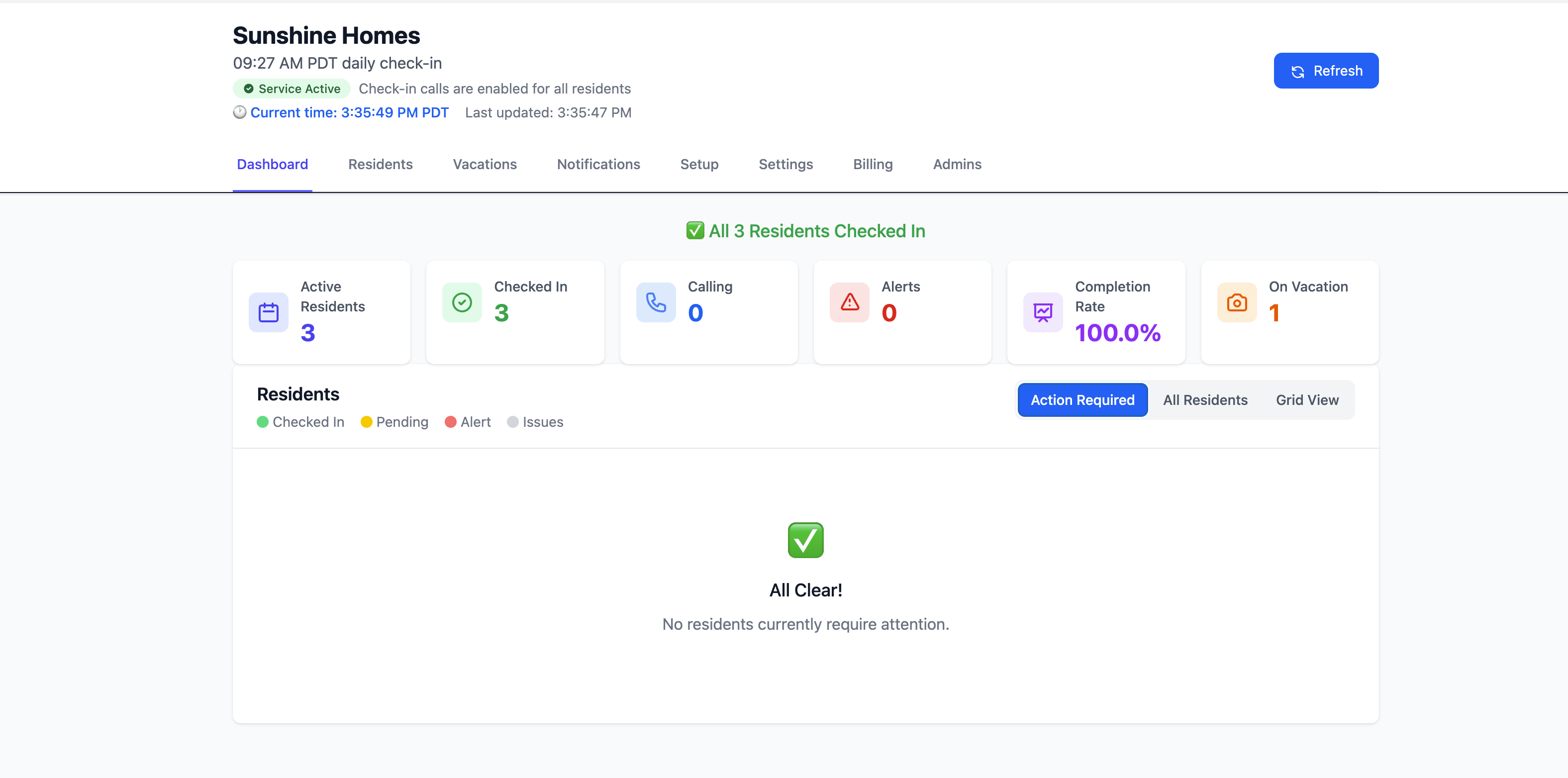 Facility Dashboard All Clear Status